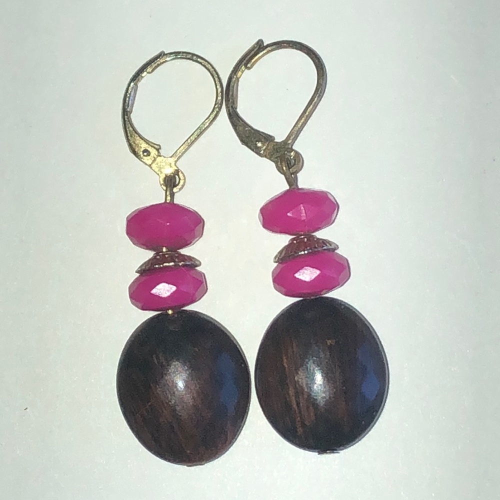 Pink Bead & Dark Wood Drop Earrings